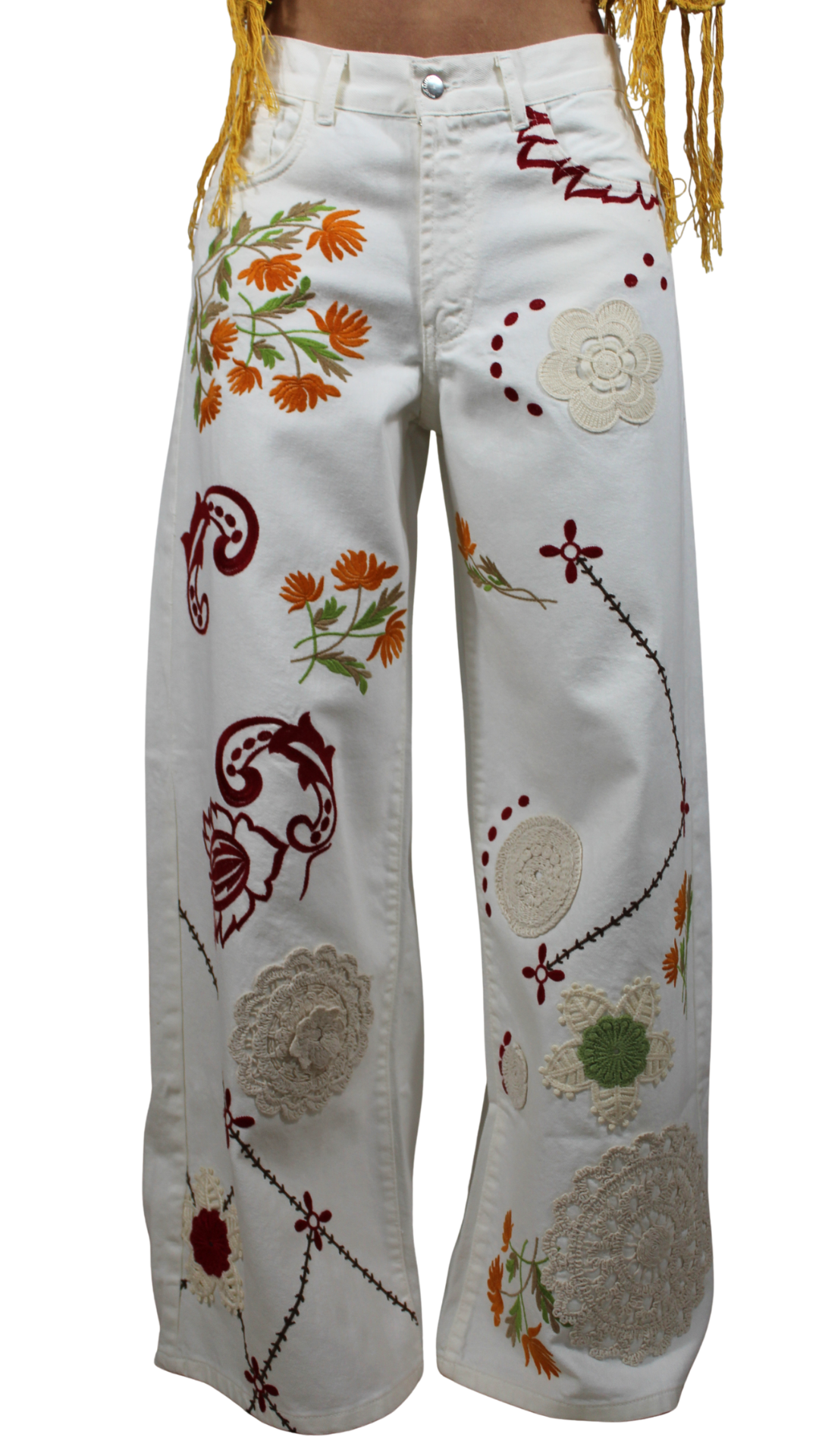 Jeans Wide-Leg con Ricami e Crochet