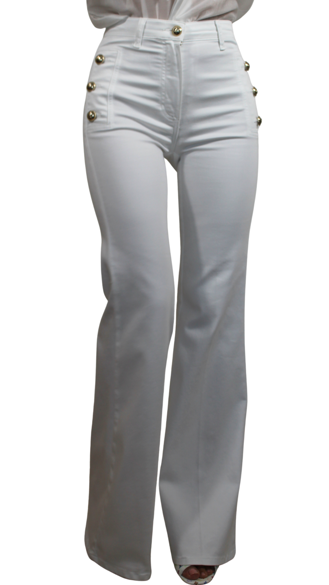 Pantaloni Flare a Vita Alta con Bottoni Gioiello